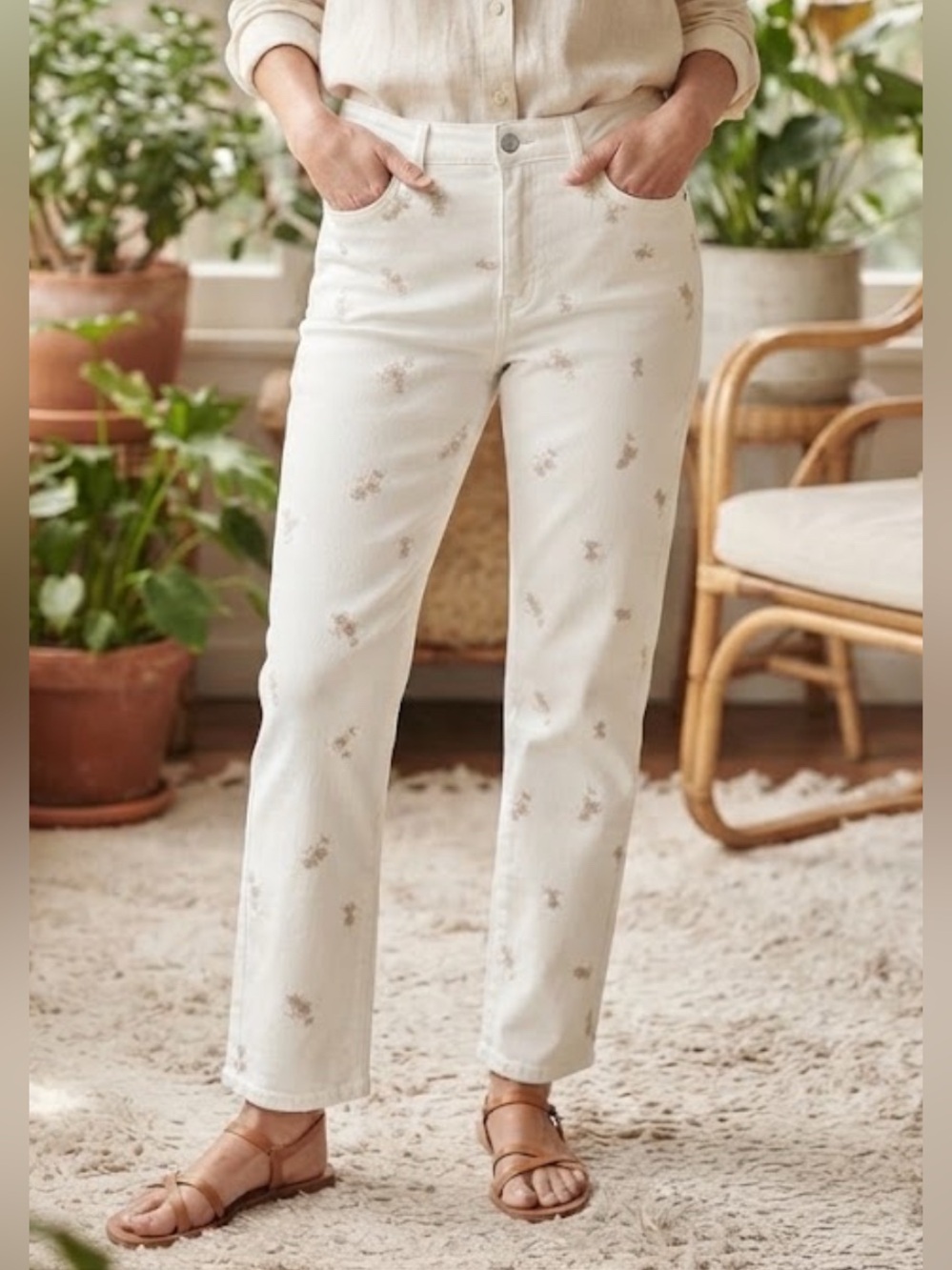Hudson High-Rise Straight Leg Jeans Floral Embroidery Cream